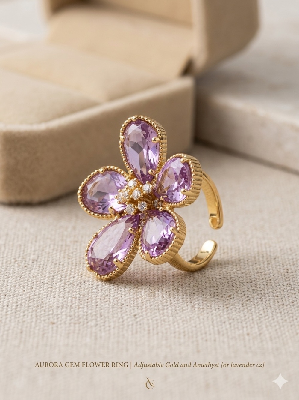 Purple 14k Gold - Filled flower ring with diamond accents Adjustable